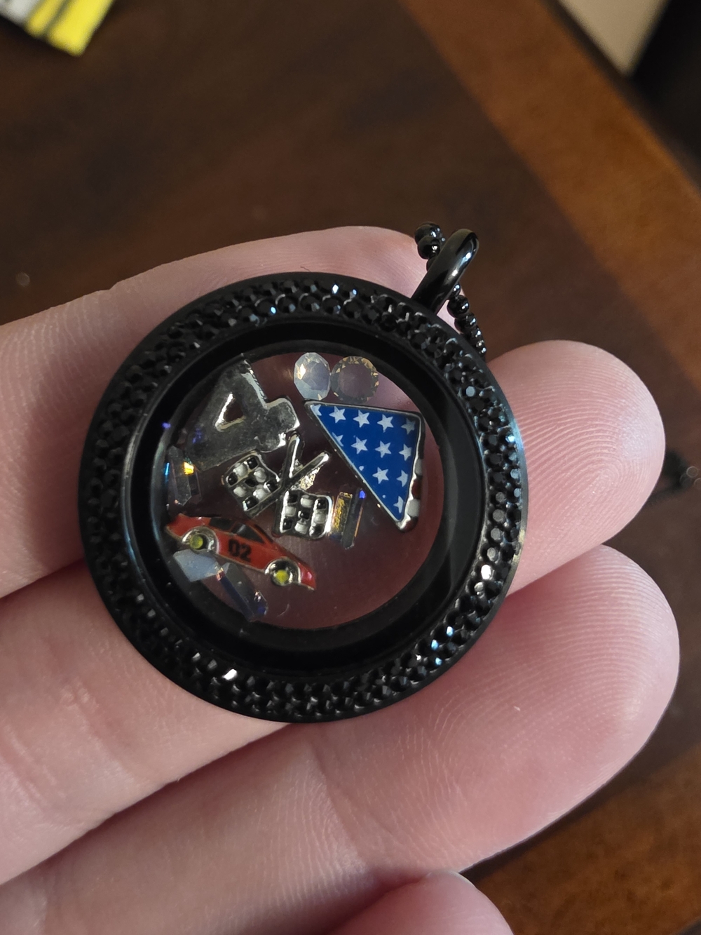 Origami owl Black Round Floating Locket Necklace with Patriotic & Racing Charms